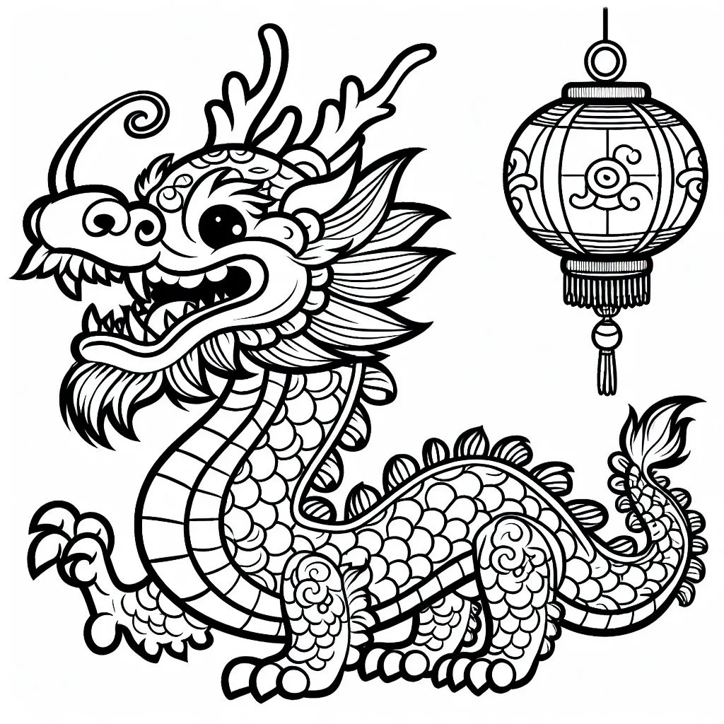 Chinese Dragon with Lantern 🐉🏮 Coloring Page