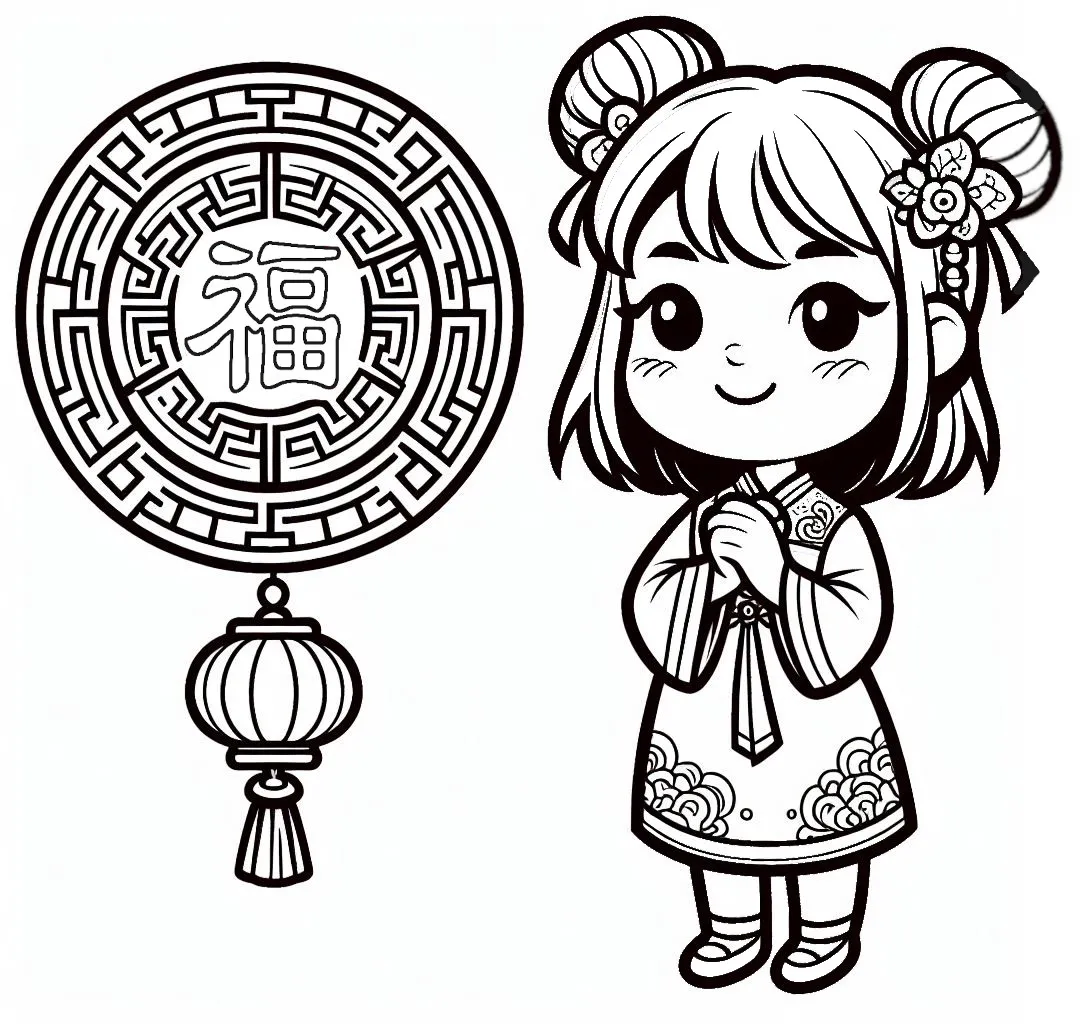 Chinese Girl Greeting Lunar New Year 👧🎊 Coloring Page
