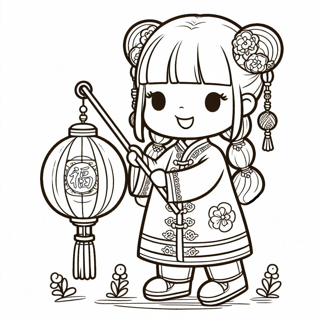 Chinese Girl Holding a Lantern for the Chinese Lunar New Year 👧🏮 Coloring Page