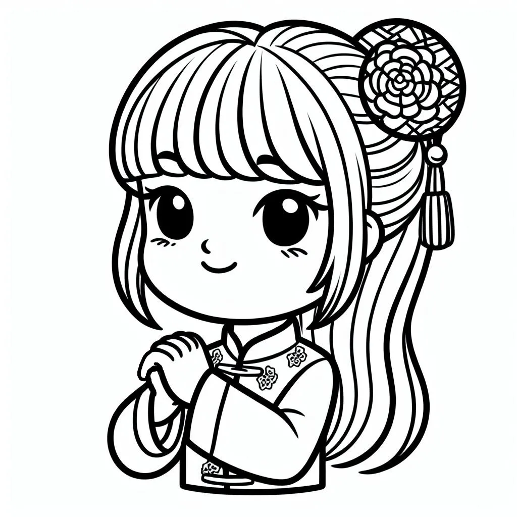 Chinese Girl Greeting Chinese Lunar New Year with Flowers and Lantern 👧💐🏮 Coloring Page