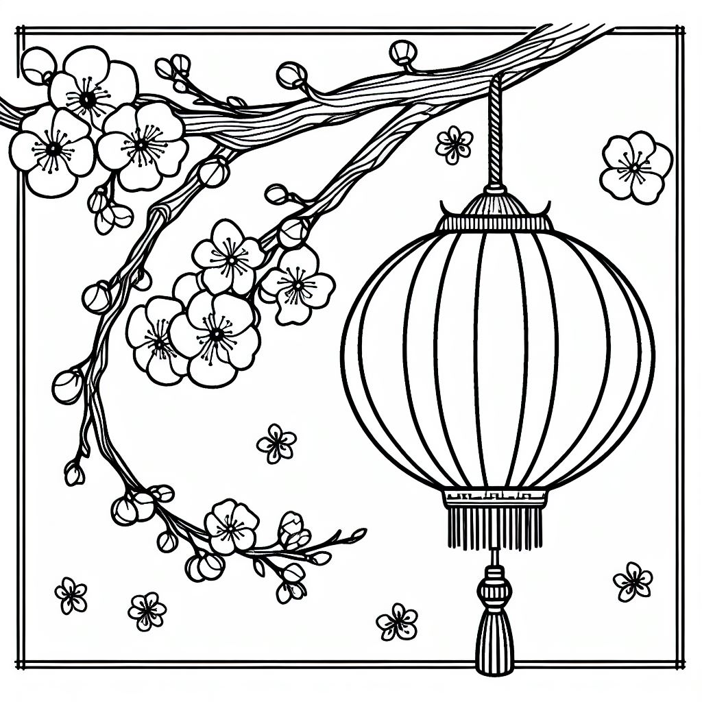 Chinese Lantern Decoration for Chinese New Year Hanging on Tree 🏮🌳 Coloring Page