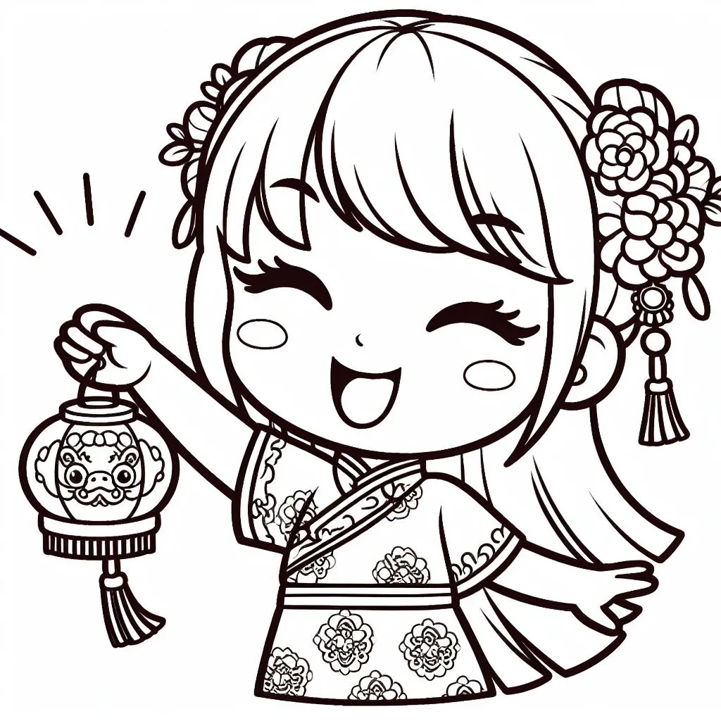 Chinese Girl Holding Lantern Decoration for Chinese New Year 🏮👧 Coloring Page
