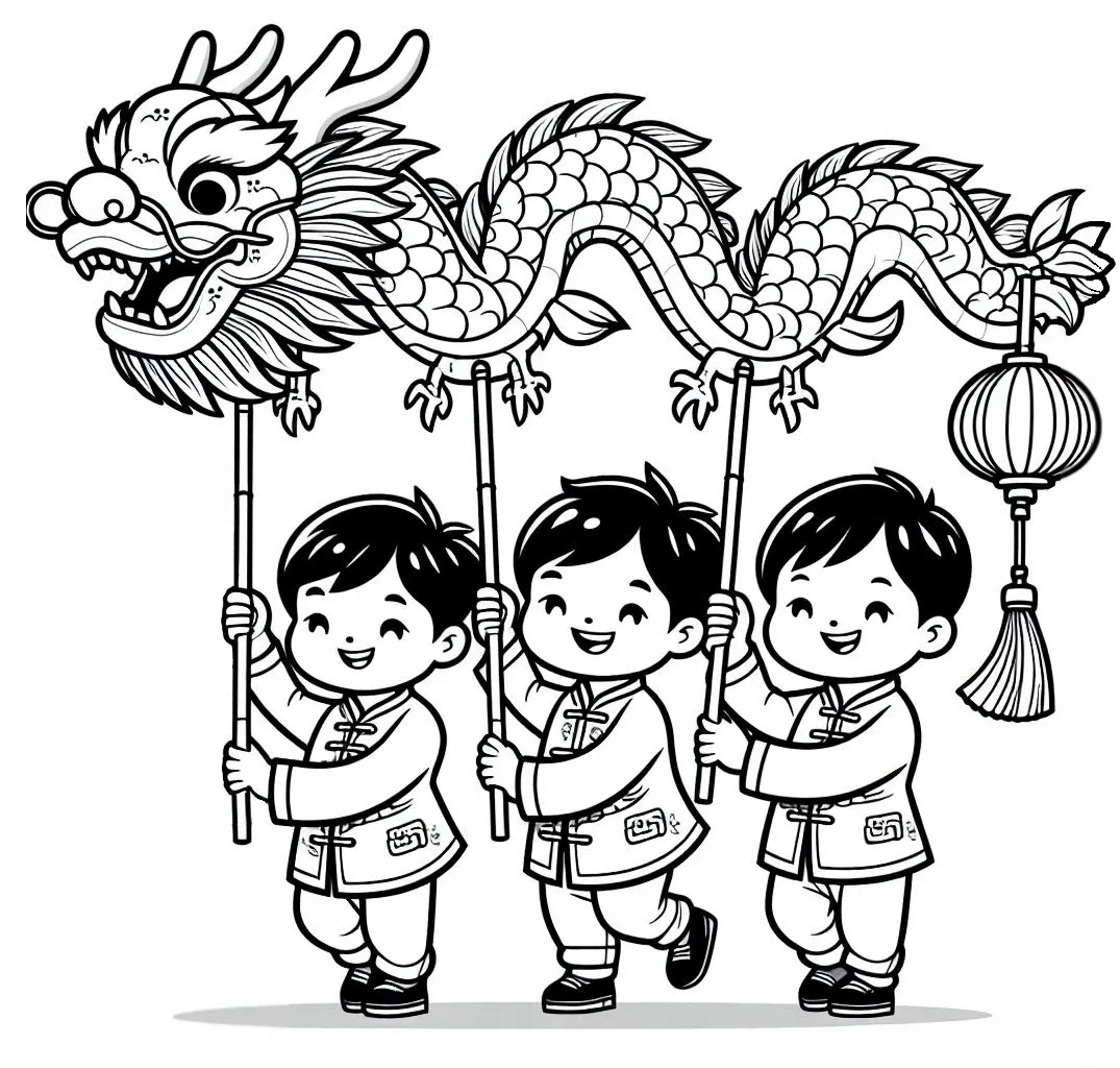 Chinese Boys Holding Chinese Lunar New Year Dragon 🧑‍🎊🐉 Coloring Page