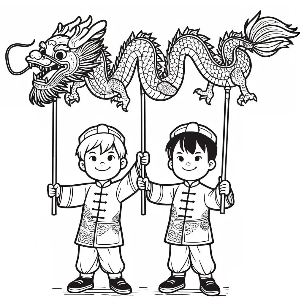 Two Boys Holding Chinese Lunar New Year Dragon 👬🐉 Coloring Page
