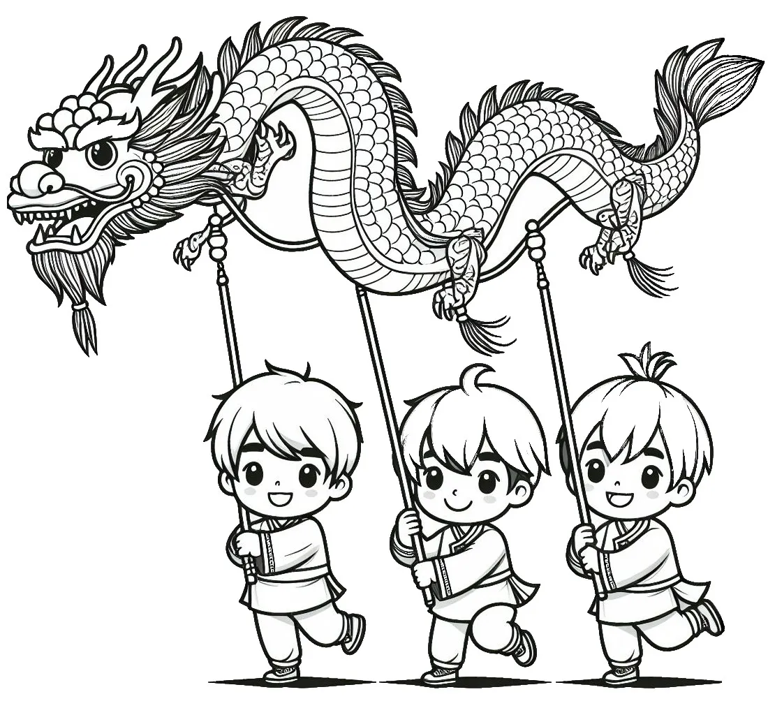 Three Boys with Chinese Lunar New Year Dragon 👦👦👦🐉 Coloring Page