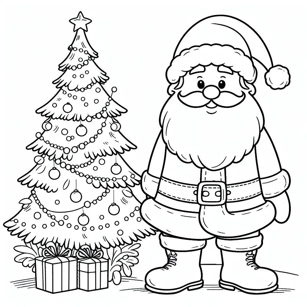 Christmas tree with a star and Santa Claus 🎅🏻🎄 Coloring Page