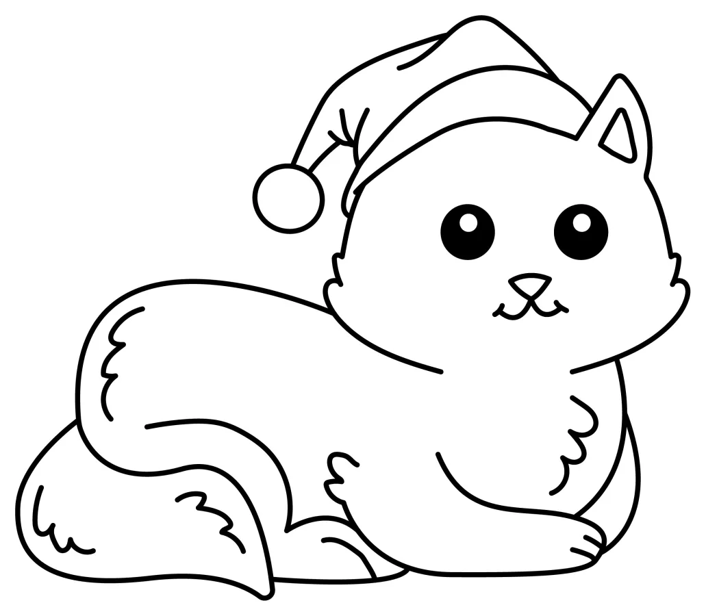 Christmas Cat with Santa Hat 🎅😻🎄 Coloring Page