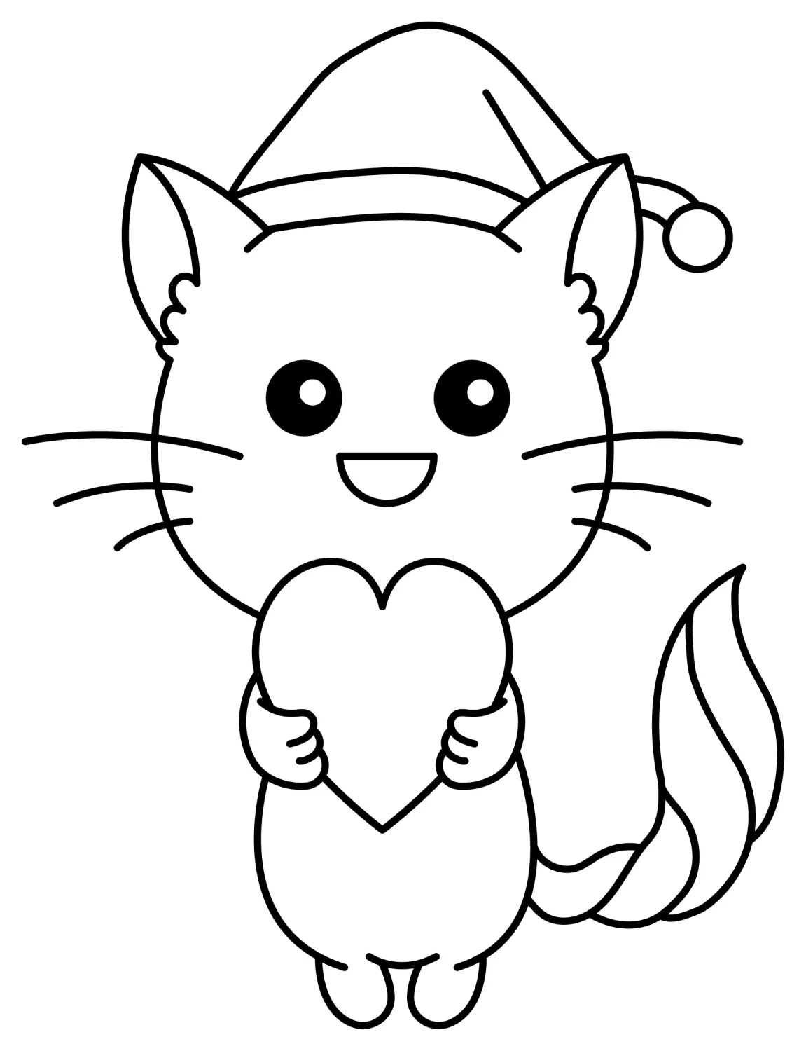 Christmas Cat with Heart & Santa Hat 🐱❤️🎄 Coloring Page