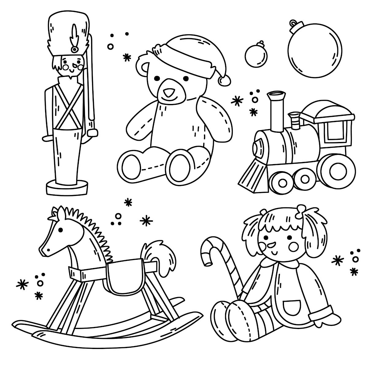 Christmas Toys: Nutcracker, Teddy Bear, Train, Rocking Horse, Doll 🧸🚂 Coloring Page