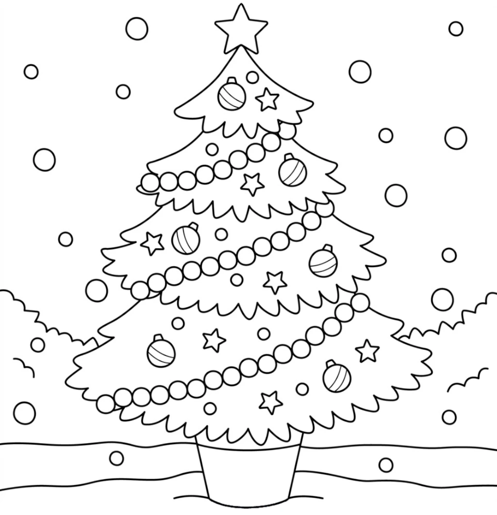 Christmas Tree in a Snow Landscape, Decorated with Baubles, Tinsel Garlands, and Stars, with Snow Falling 🎄❄️🌟 Coloring Page