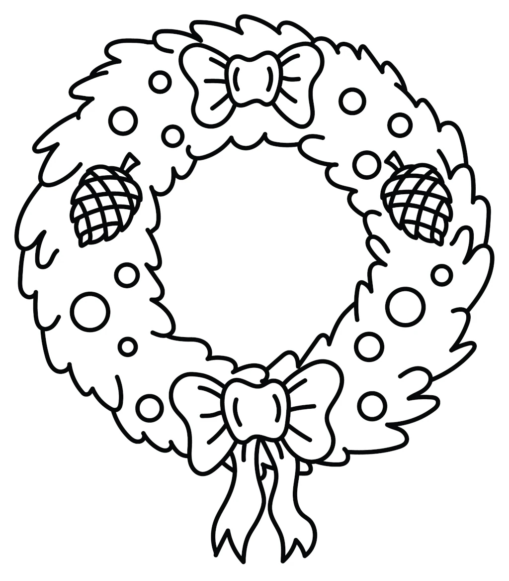 Green Christmas Wreath with Two Red Bows and two Pine Cones 🌲🎀❄️ Coloring Page