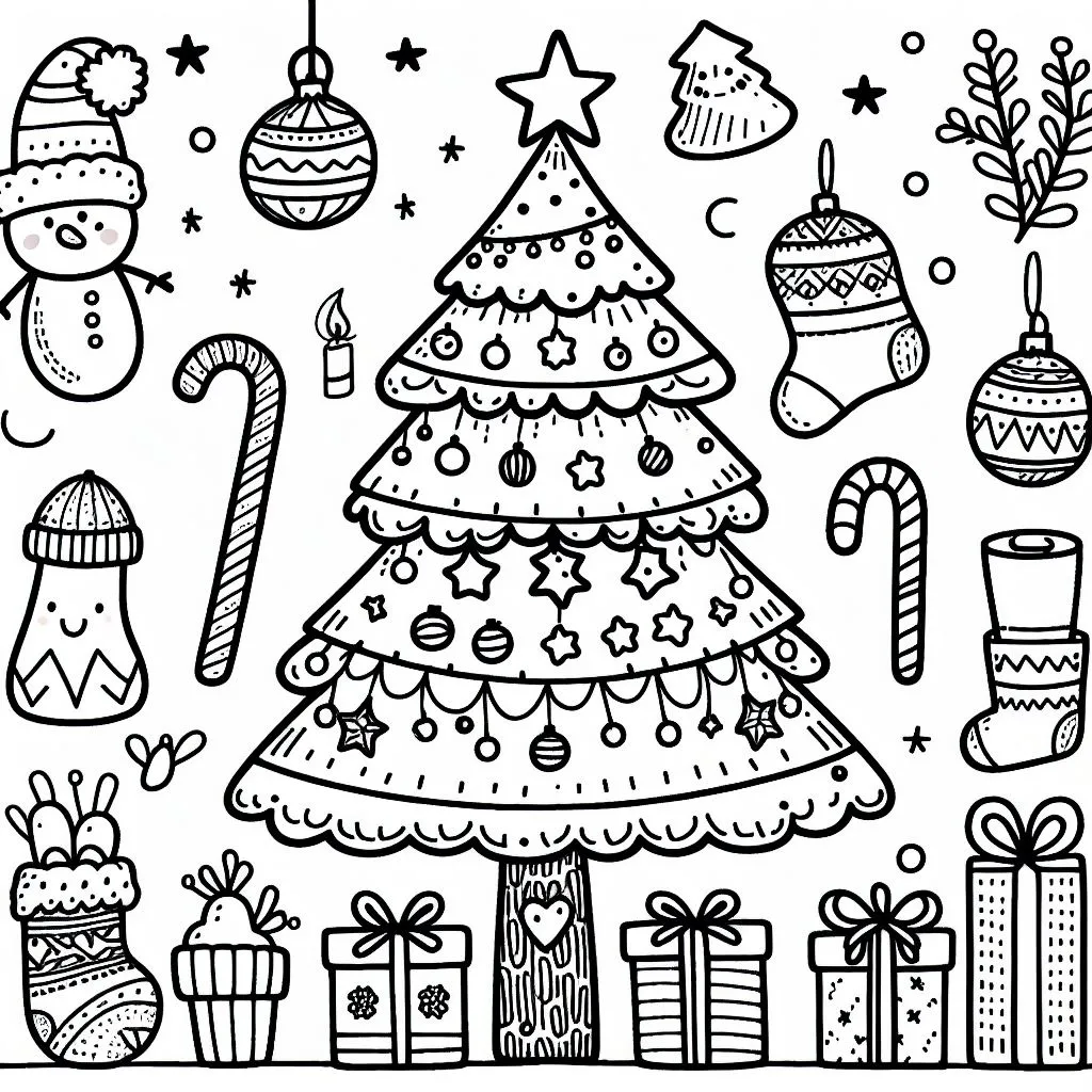 Christmas Tree 🎄 with Christmas Objects 🎁🔔 Coloring Page