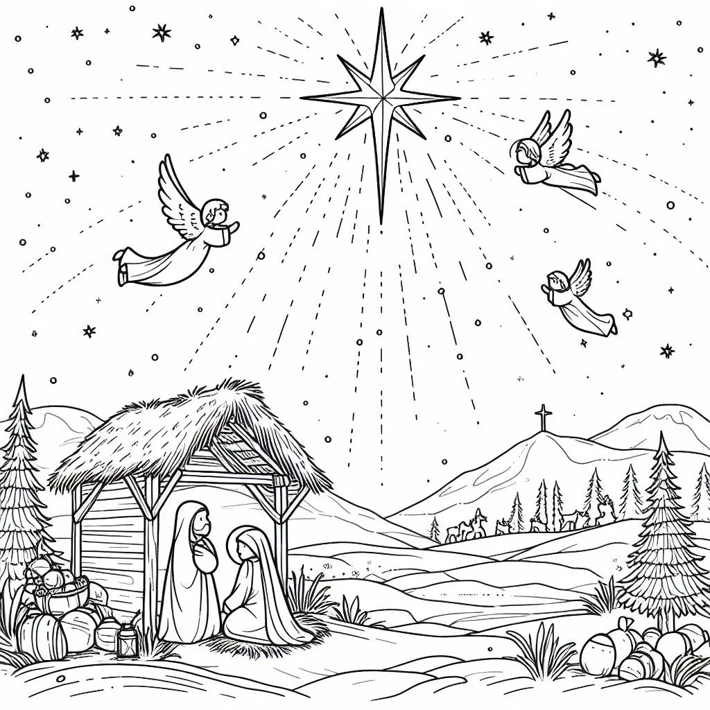 Christmas Landscape Star and Angels 🌟👼 Coloring Page