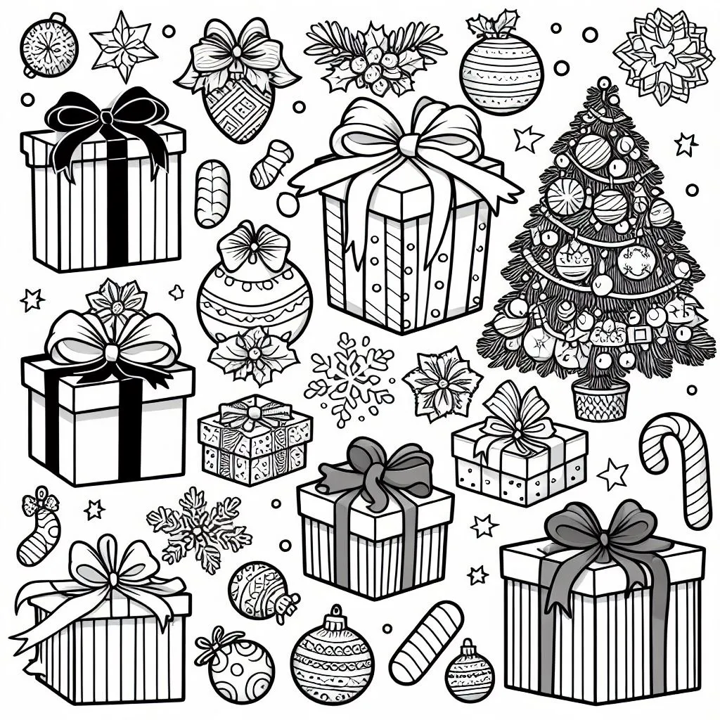 Christmas Gifts and tree 🎄🎁 Coloring Page