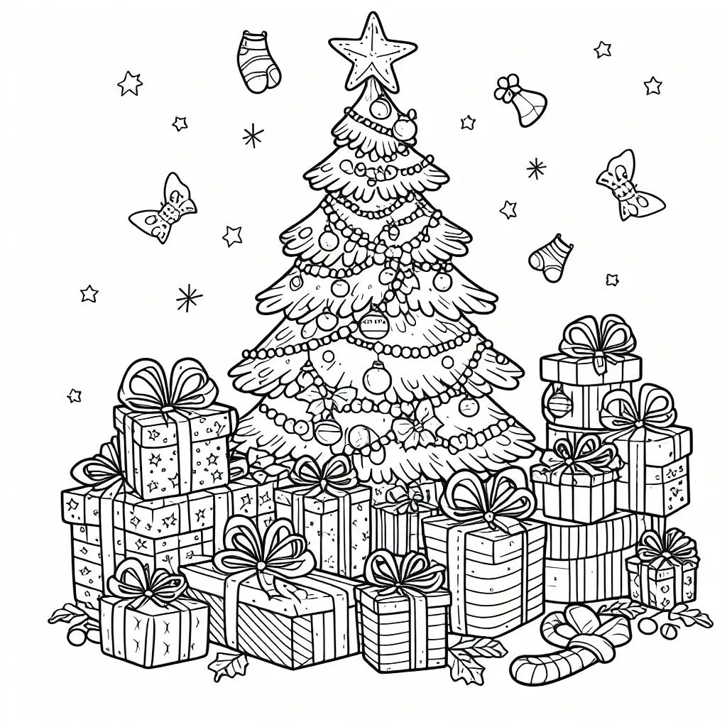 Christmas Tree 🎄 with lots of Gifts 🎄🎁 Coloring Page