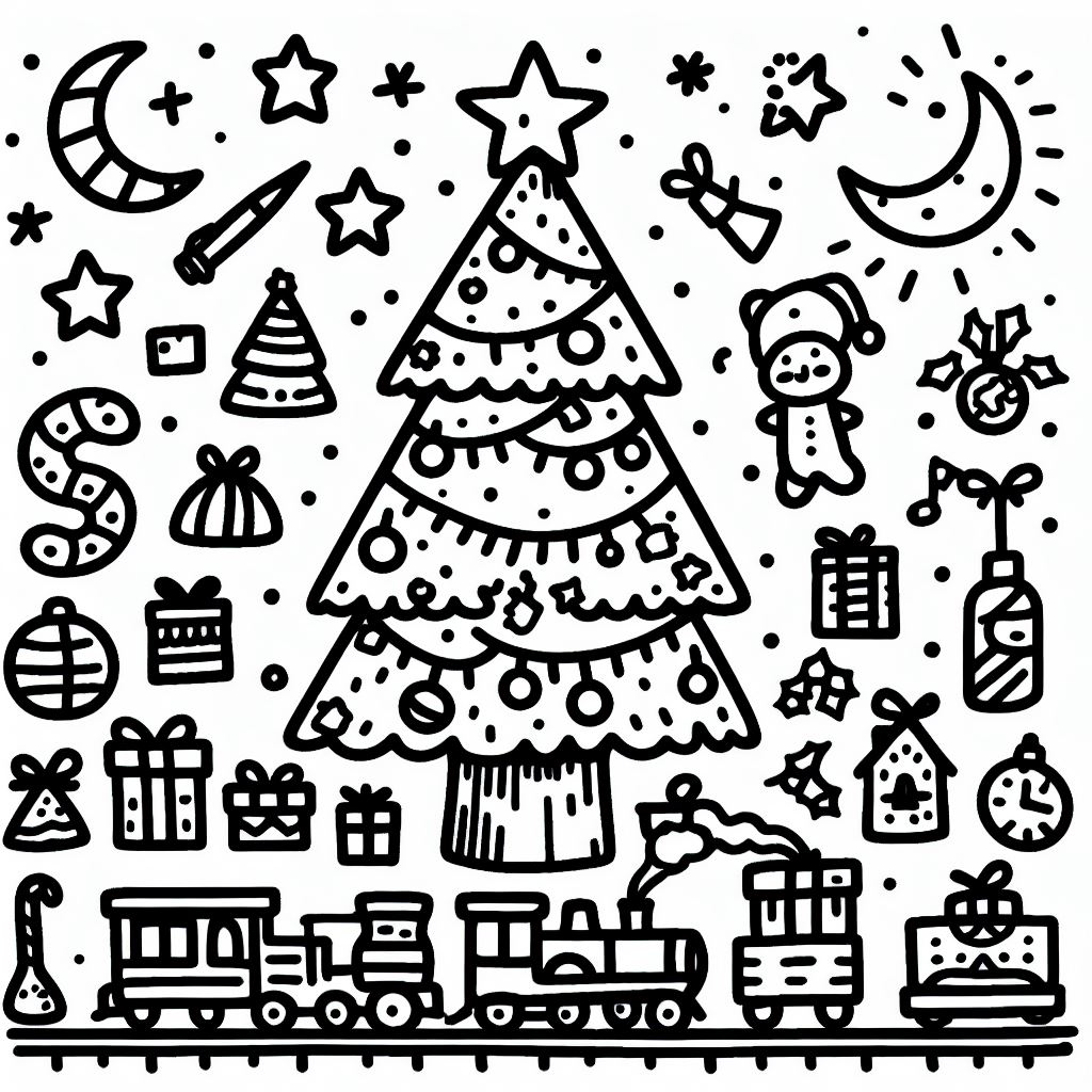 Christmas Tree 🎄 with Train Moon and other Objects 🚂🌕 Coloring Page