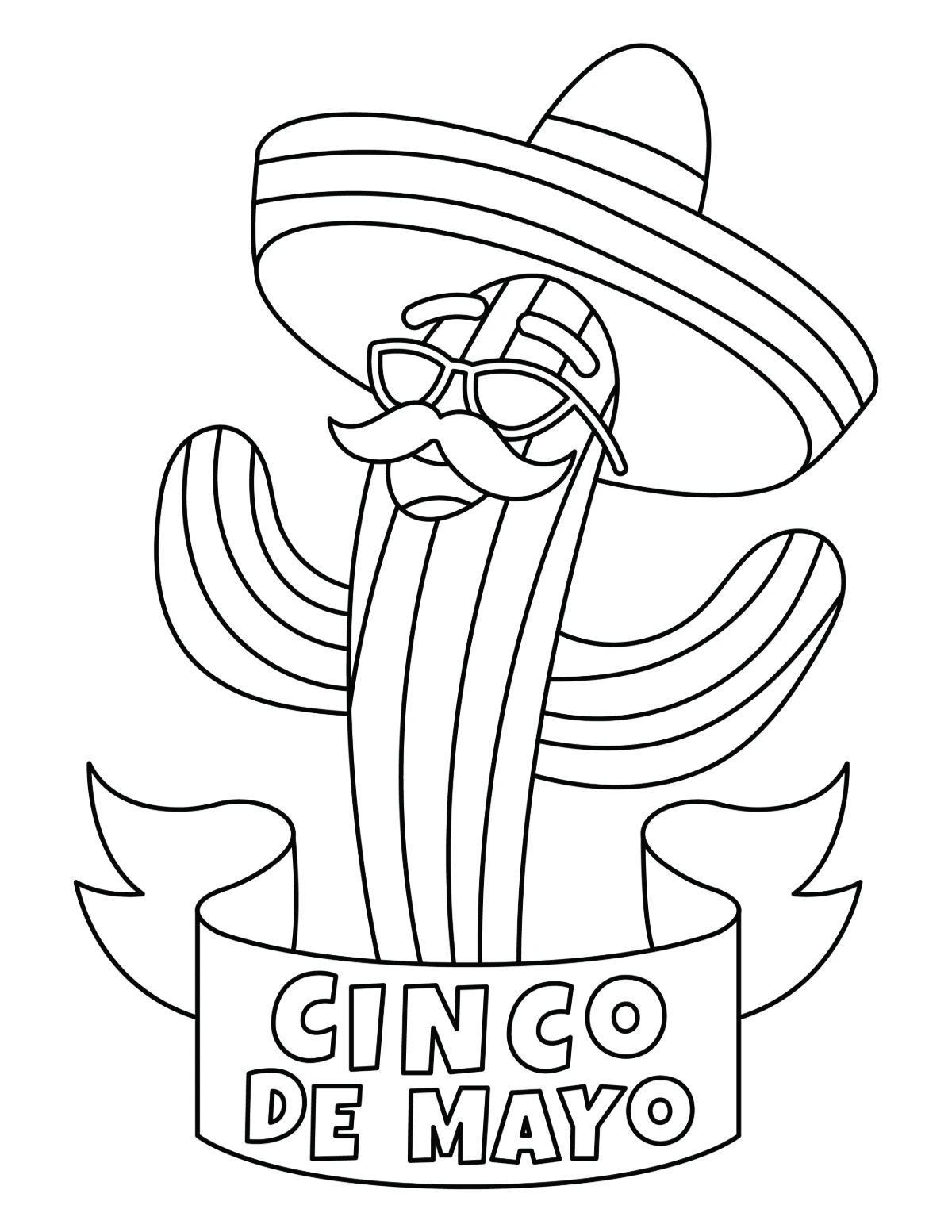 Cinco de Mayo - Funny Cactus Wearing Mexican Hat, Glasses, Moustache 🌵🎩🎉 Coloring Page