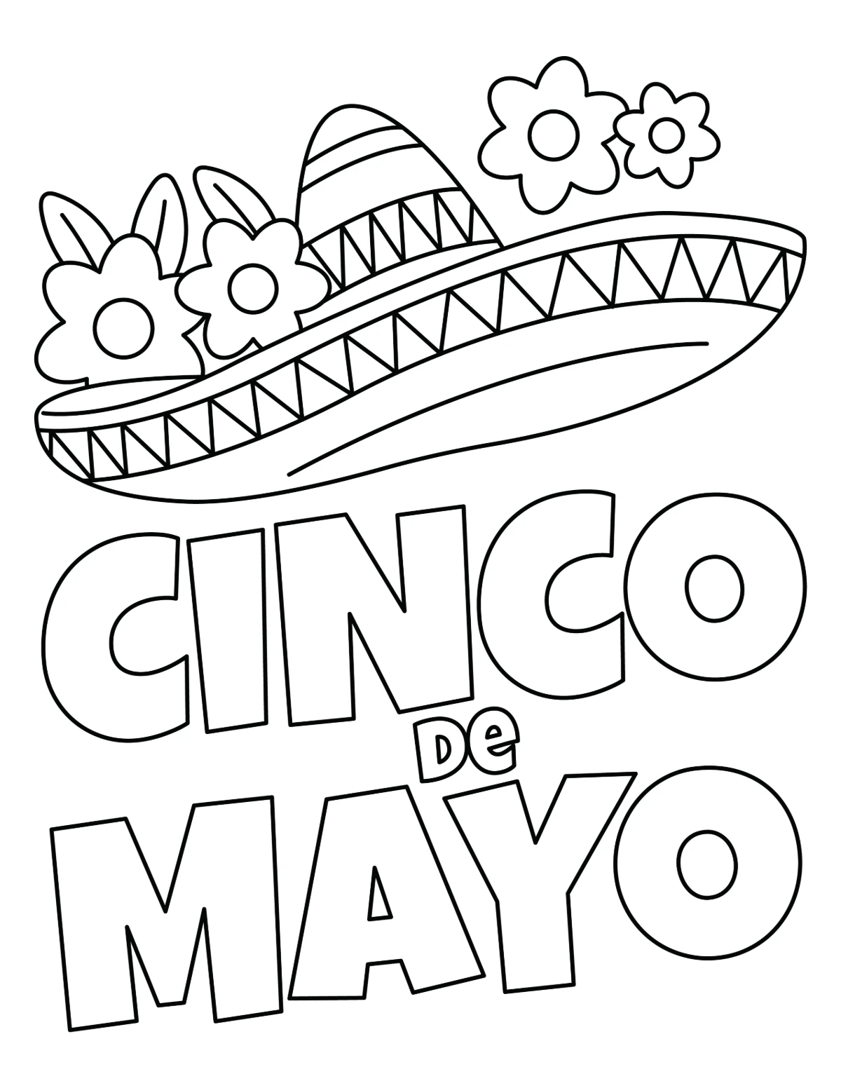 Cinco de Mayo - Mexican Hat with Beautiful Flowers 🎉🌵💃🎶🌸 Coloring Page