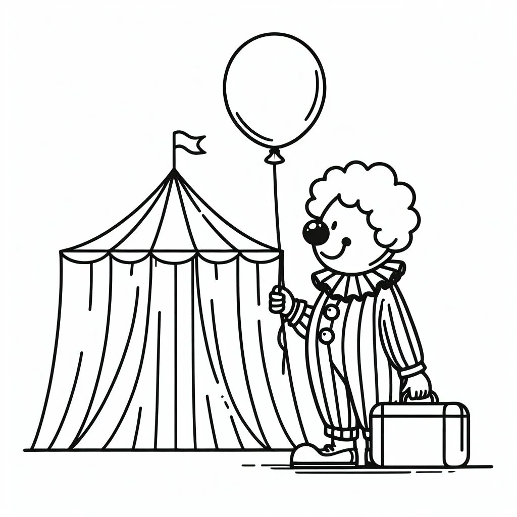 Clown with Balloon and Suitcase at Circus 🎪 Tent 🤡🎈👜 Coloring Page