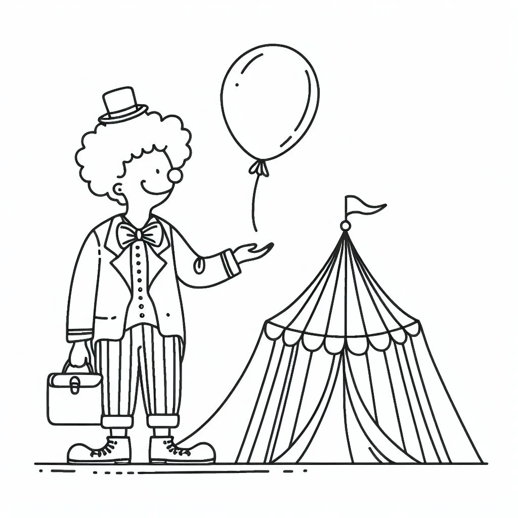 Clown with Balloon and Suitcase at Circus 🎪 Tent 🤡🎈👜 Coloring Page