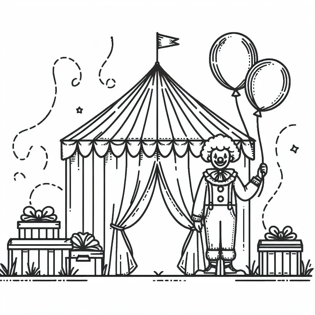 Clown with Balloons and Gifts at Circus 🎪 Tent 🤡🎈🎁 Coloring Page