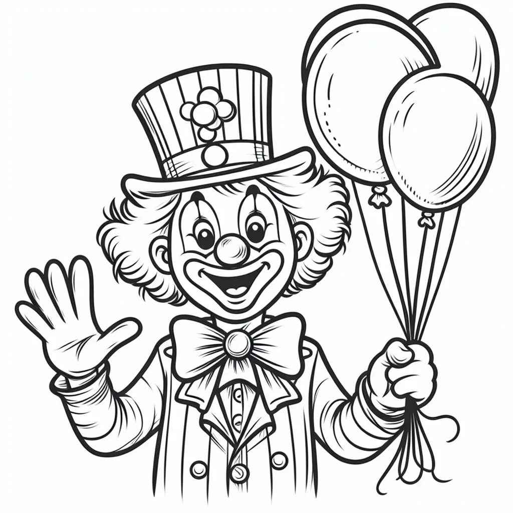 Clown with Balloons Waving 🤡🎈👋 Coloring Page