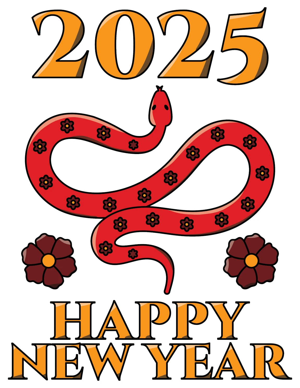 2025 Happy New Year - Snake with Flower Decorations 🐍🎉🌸🎆 Coloring Page