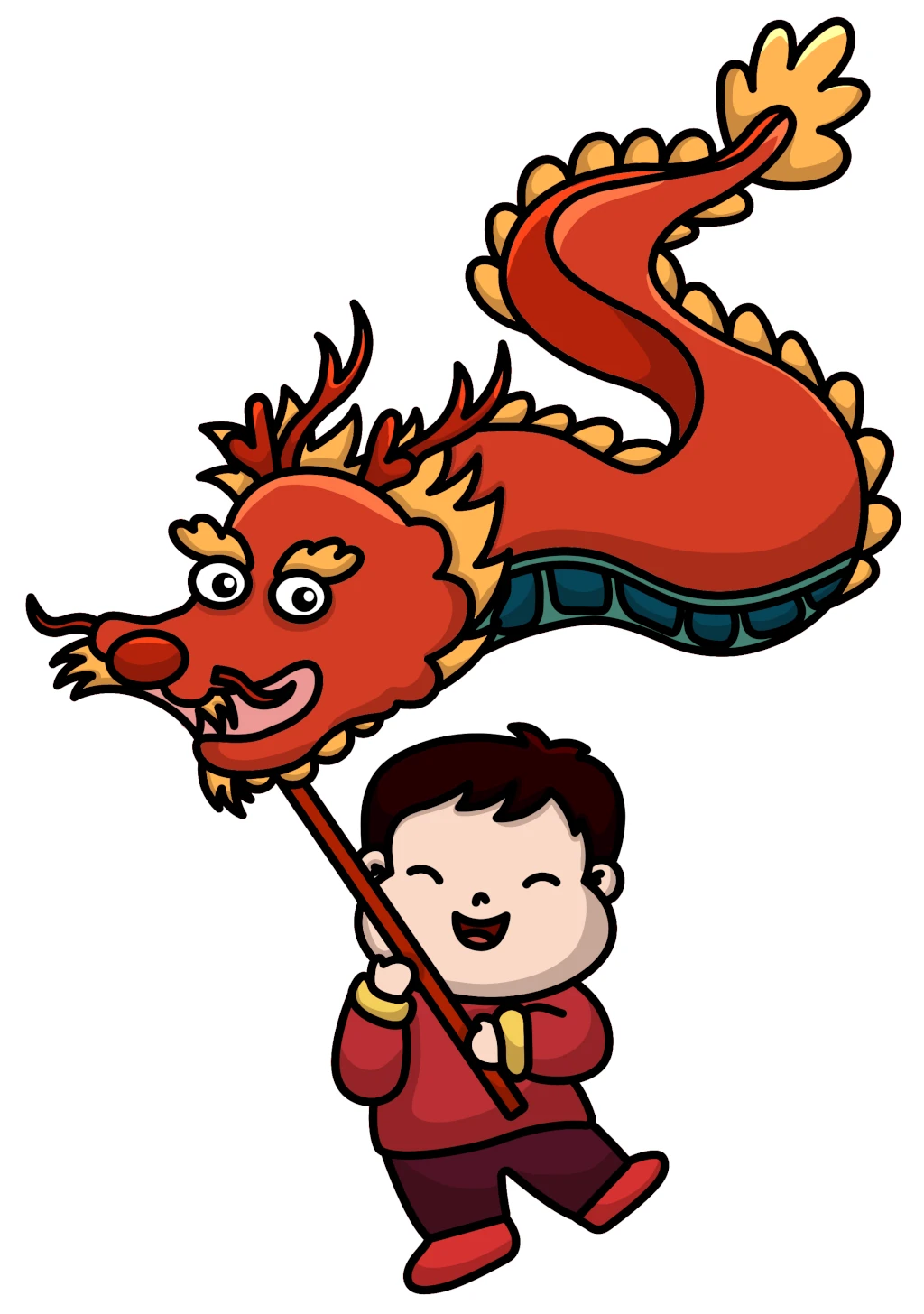 Boy Walking with Dragon on Stick for Chinese New Year 🐉🎇🎊👦 Coloring Page