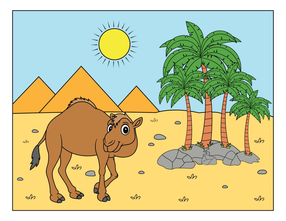 Camel in a Desert Oasis with Pyramids and Palm Trees 🐫🏜️🌴☀️🔺 Coloring Page