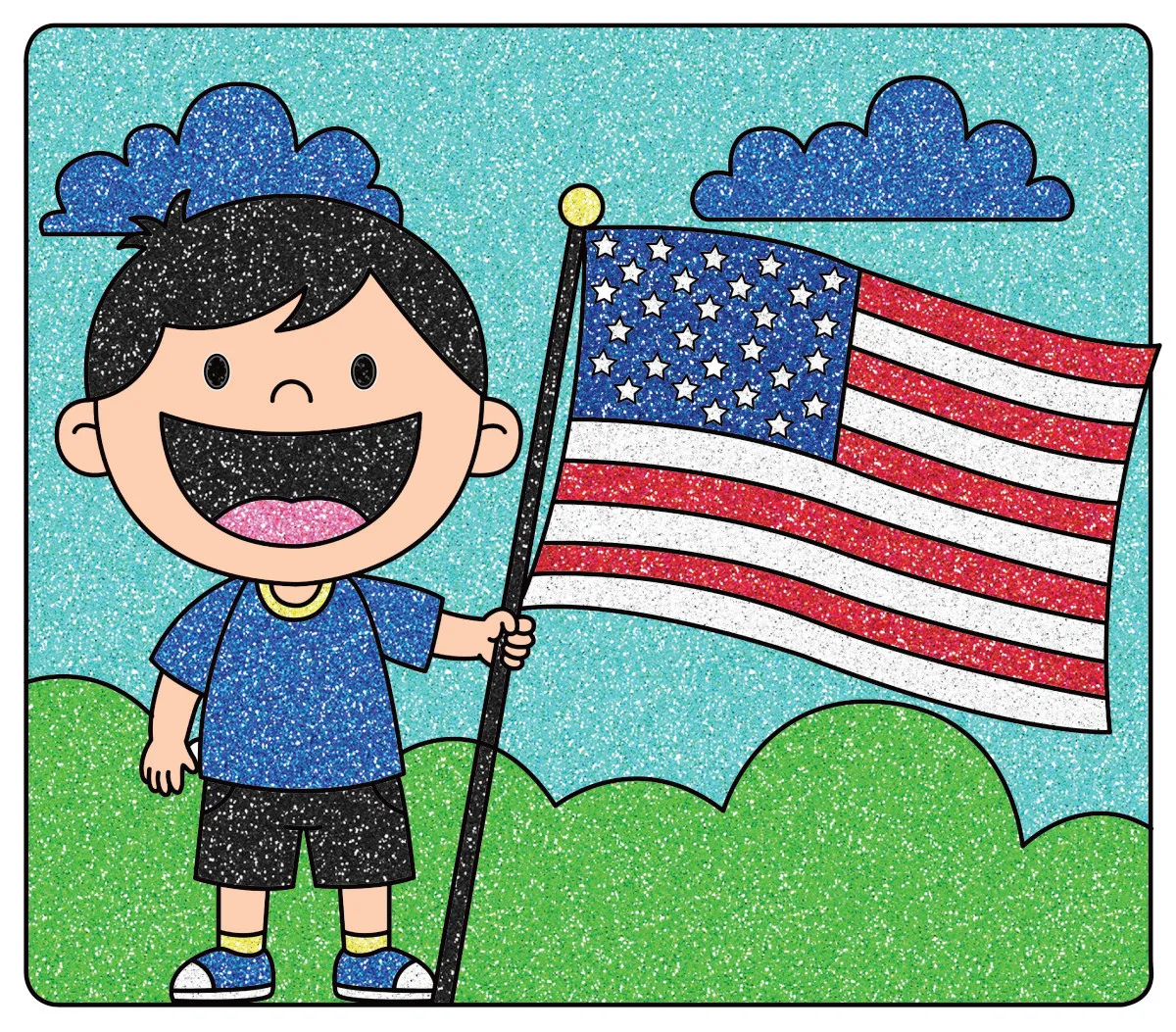 Cartoon boy cheerfully holding an American flag with stars and stripes, proudly celebrating Independence Day. A heartwarming image of patriotism and joy. 🇺🇸🧒🎇✨ Coloring Page