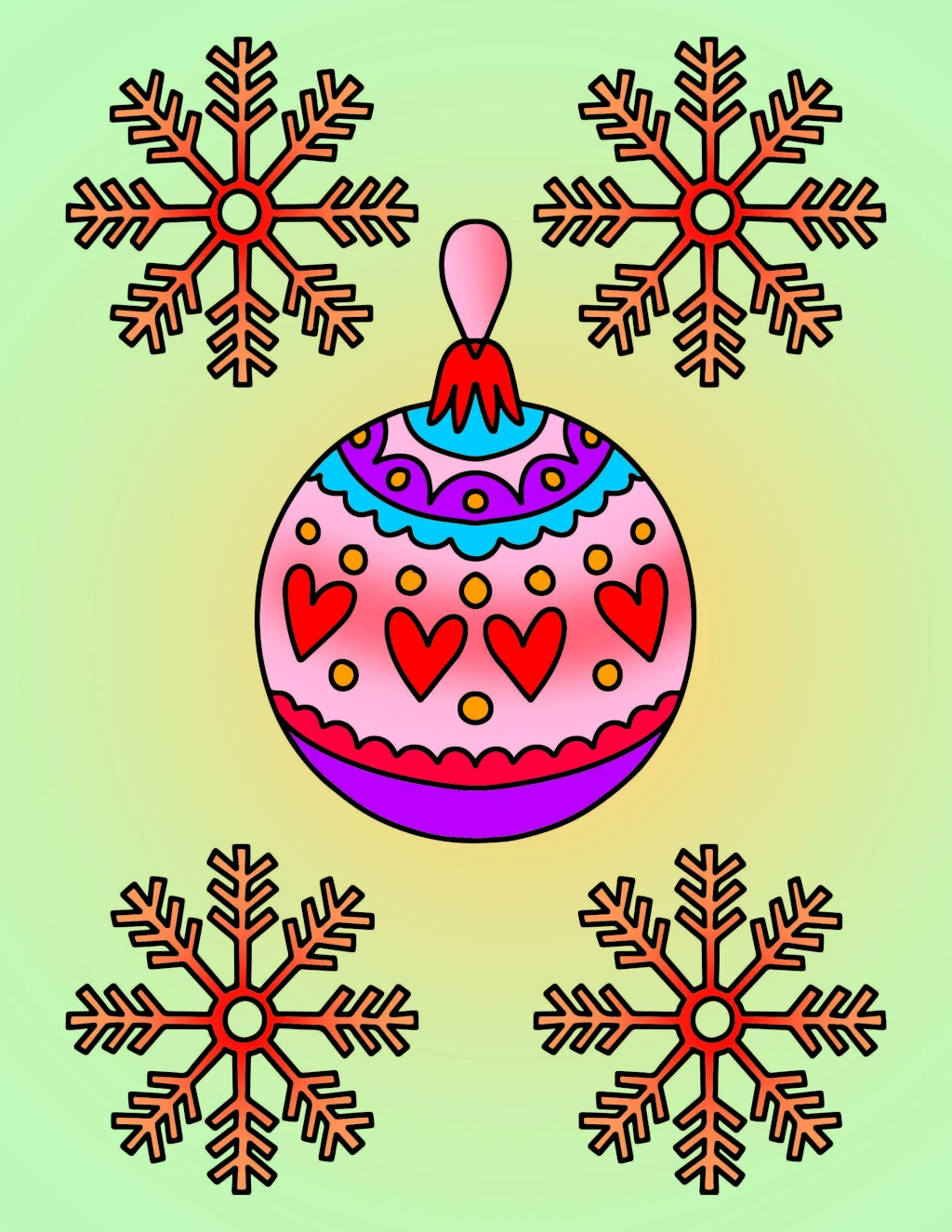 Christmas Bauble with Hearts and Ice Crystals Around ❄️🎄❤️✨🌟 Coloring Page