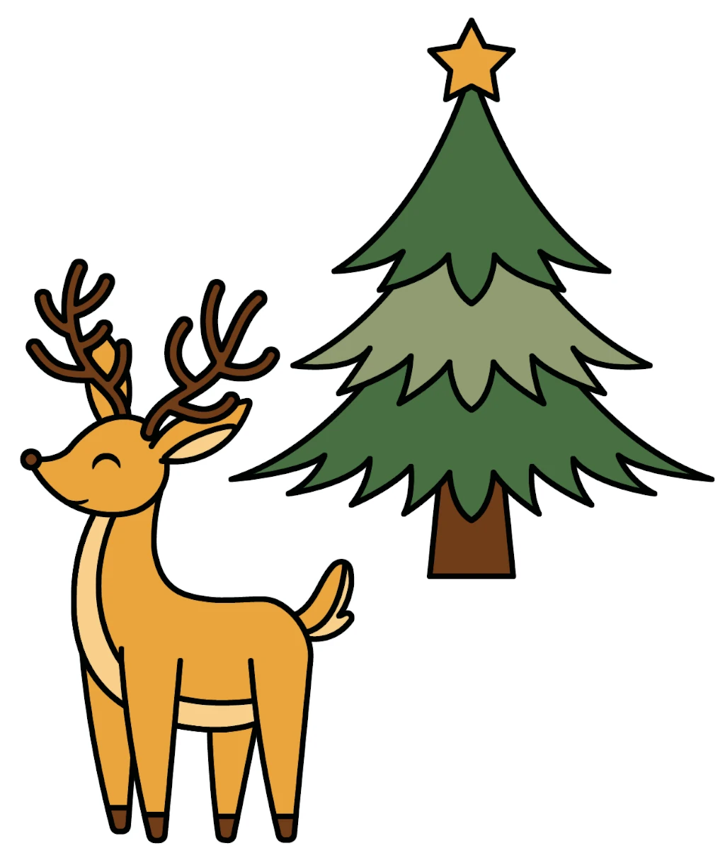 Christmas Tree with Star on Top and Reindeer Standing in front 🎄⭐🦌❄️✨ Coloring Page