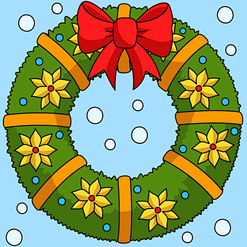 Christmas Wreath Decorated with Flowers, Ribbon, and a Bow 🌼🎀🌲 Coloring Page