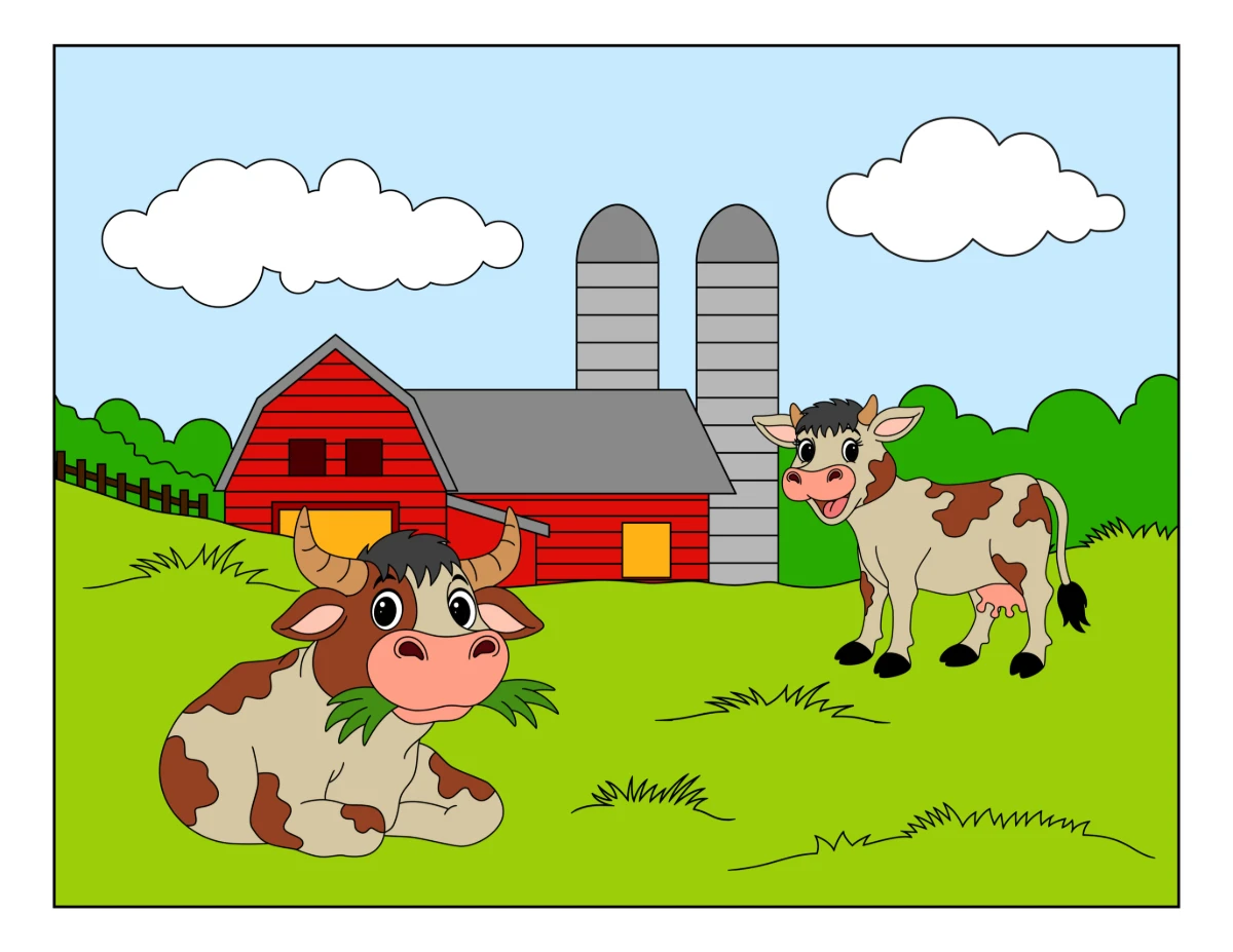 Cows on a Farm with Barn and Silos 🐄🌾🐮 Coloring Page