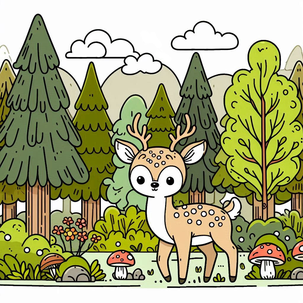 Cute Deer in Forest 🌳🦌🍃 Coloring Page