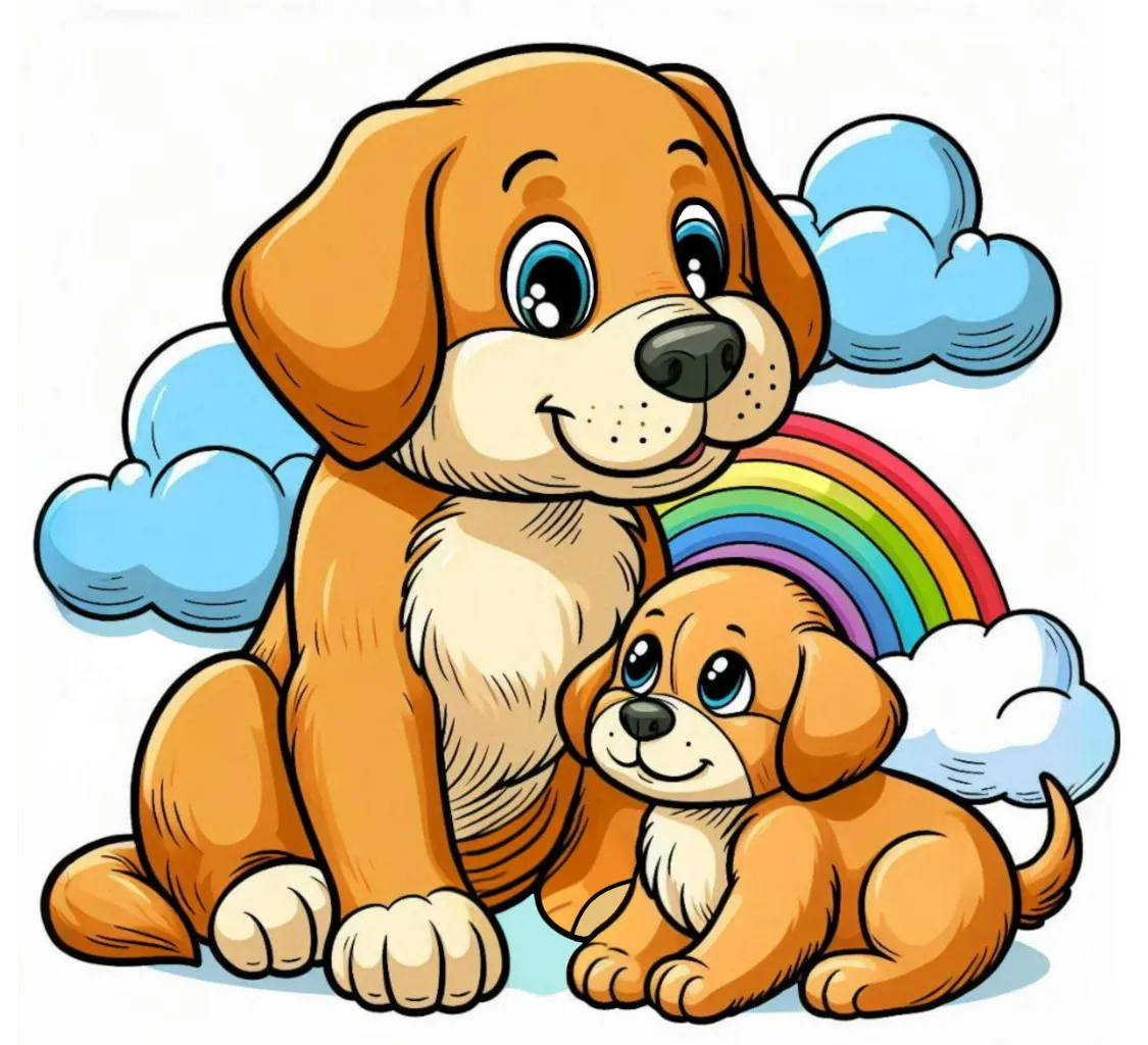 Cute Dog with Puppy and Rainbow 🌈🐾🐶 Coloring Page
