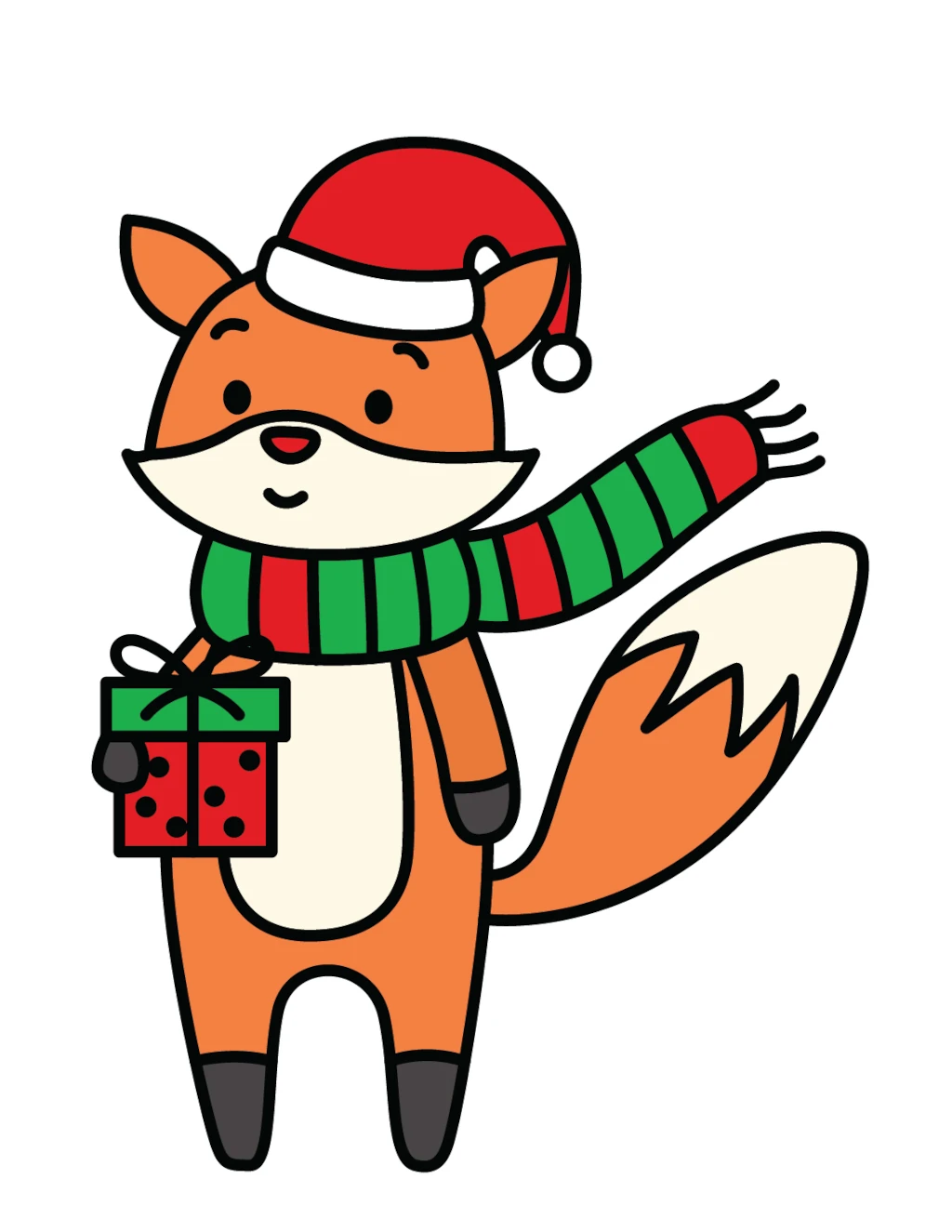 Cute Fox Wearing Scarf and Christmas Hat Holding a Gift Box 🦊🎄🎁 Coloring Page