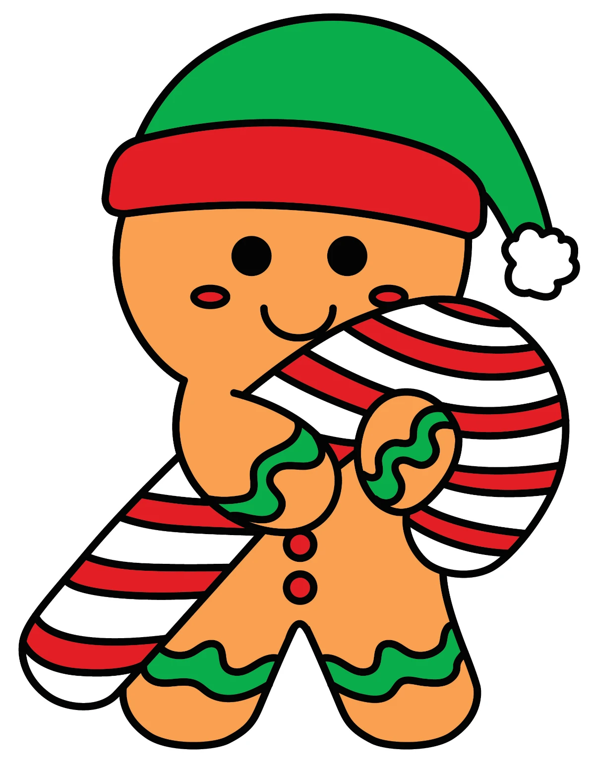 Cute Gingerbread Man with Hat Holding Candy Cane 🍪🎄🍬⛄ Coloring Page