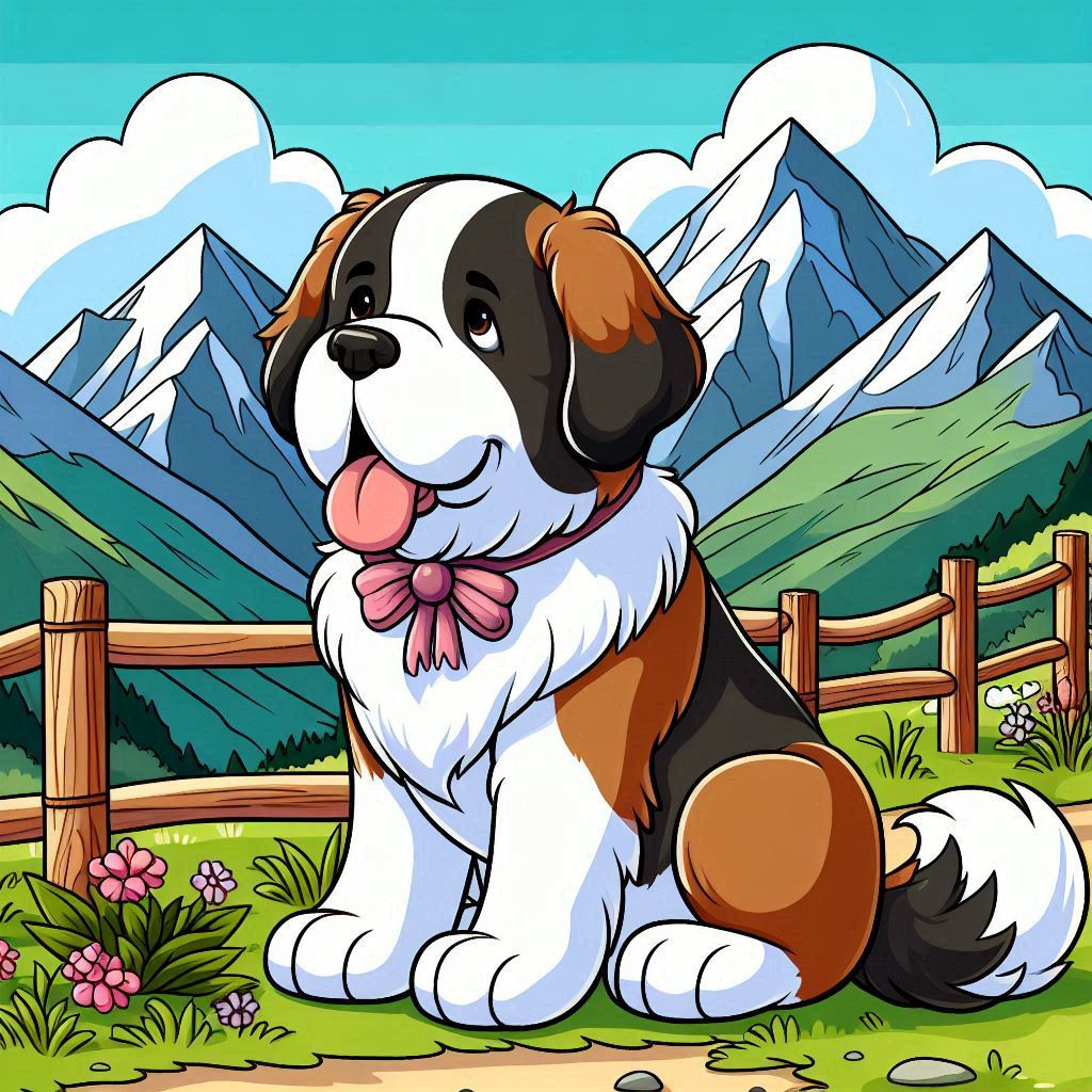 Cute Saint Bernard Dog Sitting in Mountain Landscape with Bow 🐶🏞️🏔️ Coloring Page