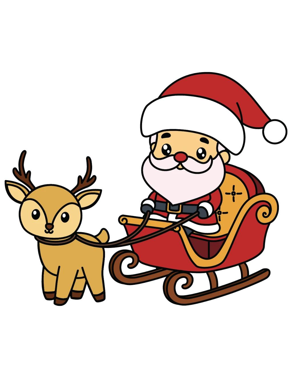 Cute Santa on Sleigh Pulled by Reindeer 🎅🦌 Coloring Page