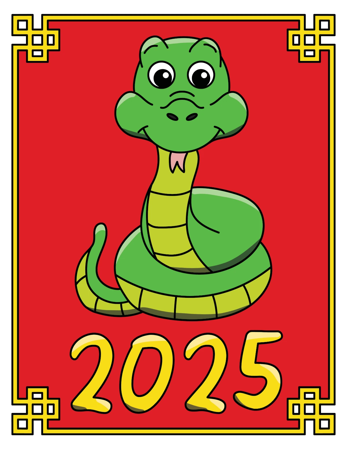 Cute Snake in Traditional Chinese Frame - Year of the Snake 2025 🐍🌟🎉🐲 Coloring Page