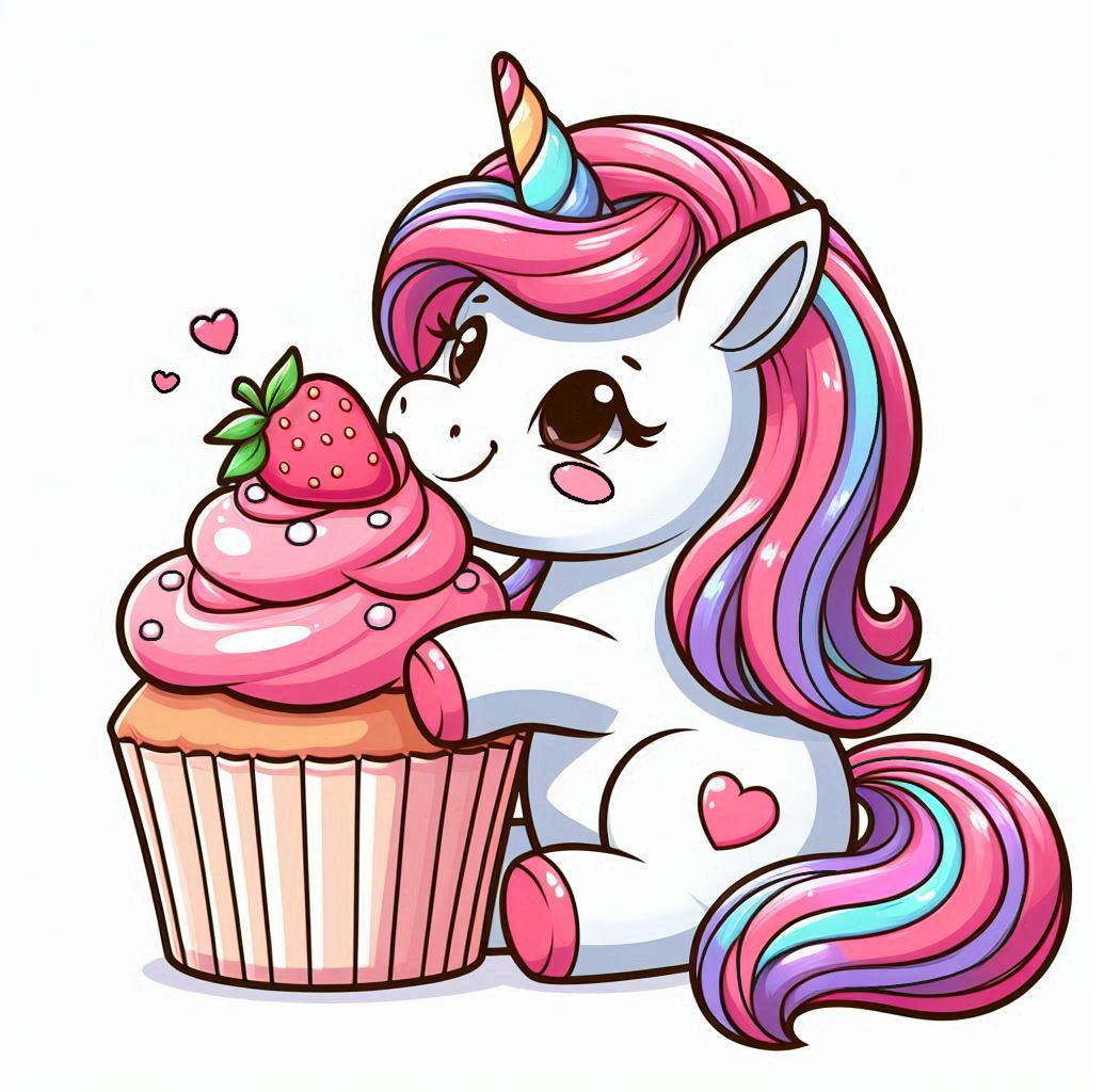 Cute Unicorn Eating Strawberry Cupcake 🦄🍓🧁 Coloring Page