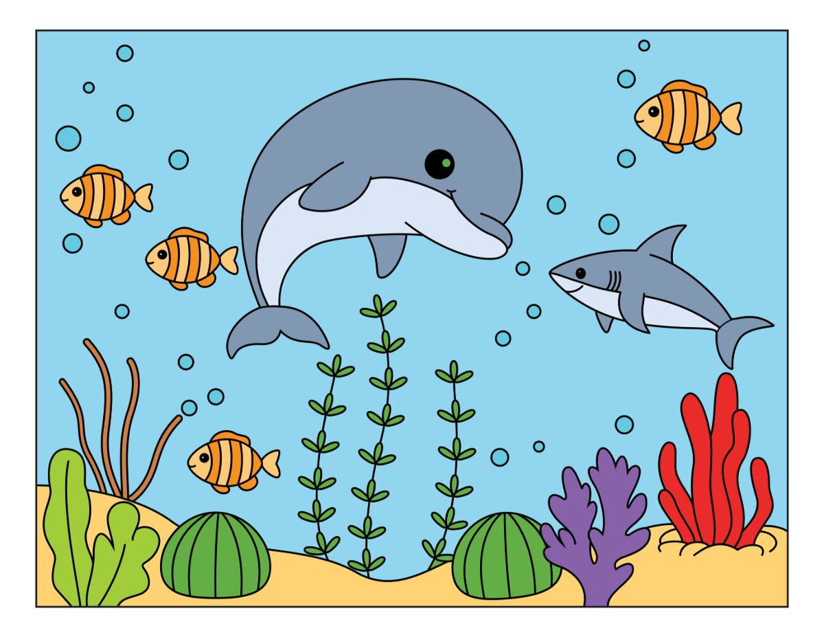 Dolphin and Fish Swimming in a Colorful Ocean Reef 🐬🐠🌊🐚 Clipart ...