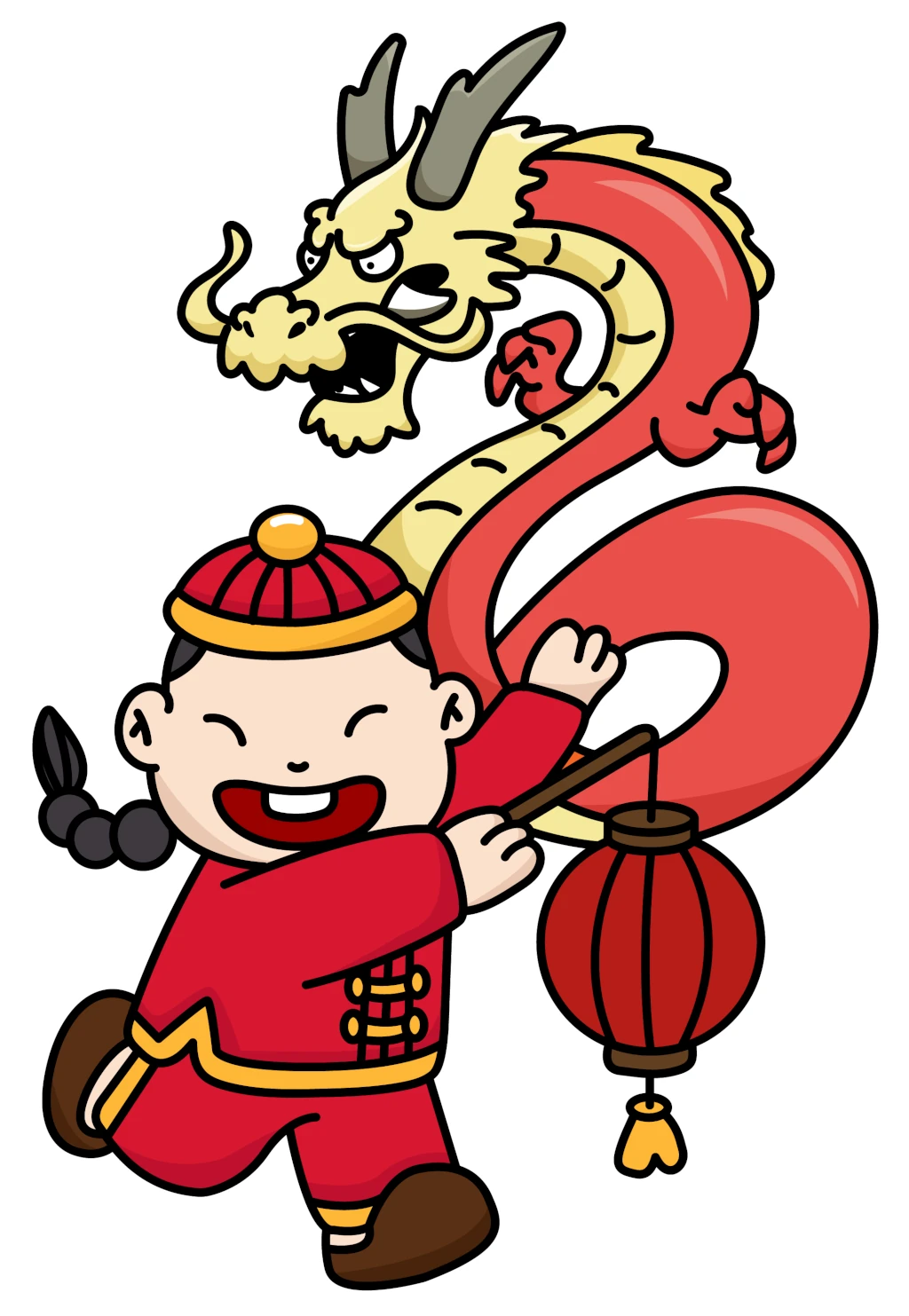 Dragon Dance with a Smiling Child in Traditional Costume for Chinese New Year Festival 🐲🧒🏮🎎 Coloring Page