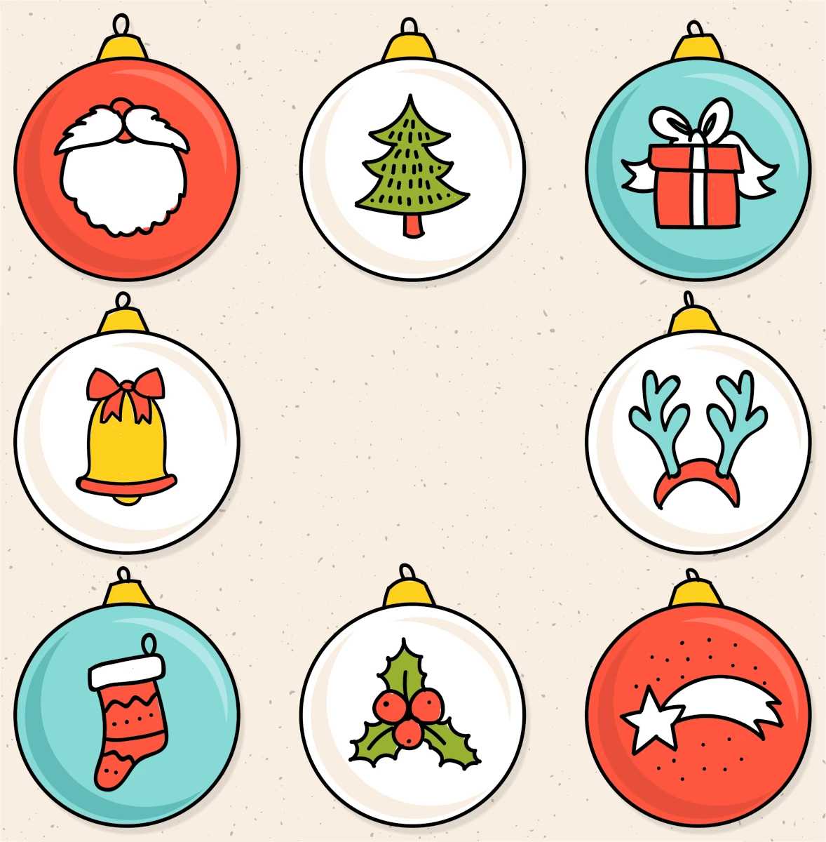 Eight Christmas Balls with Cute Decorations: Santas Beard, Christmas Tree, Gift, Antlers, Shooting Star, Holly, Sock, Bell 🎄🎅✨🔔 Coloring Page