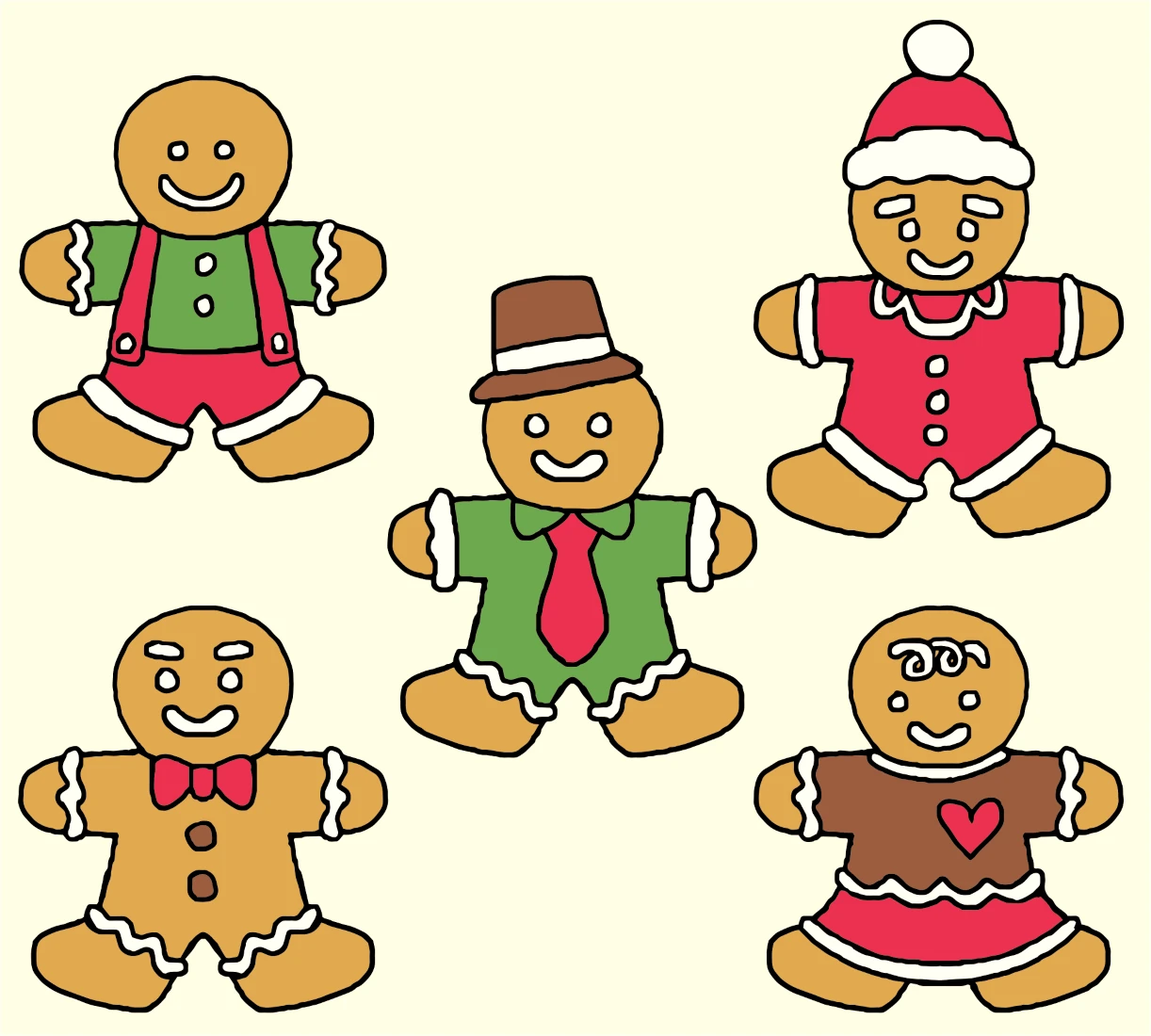 Five Funny Gingerbread Men Wearing Bow, Tie, Braces, Christmas Hat 🍪🎄🎩 Coloring Page