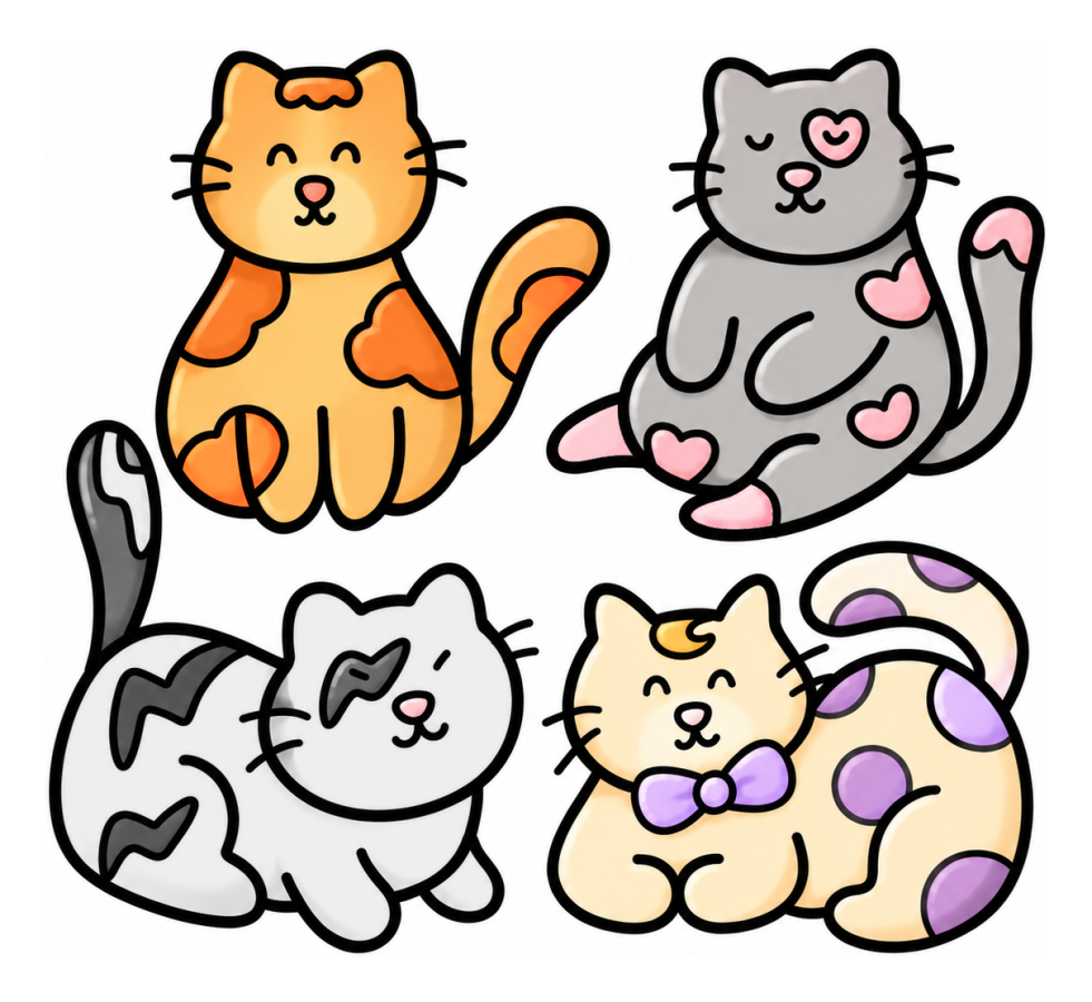 Four Cute Cats Bold & Easy with Fun Expressions 🐱😺💖 Coloring Page