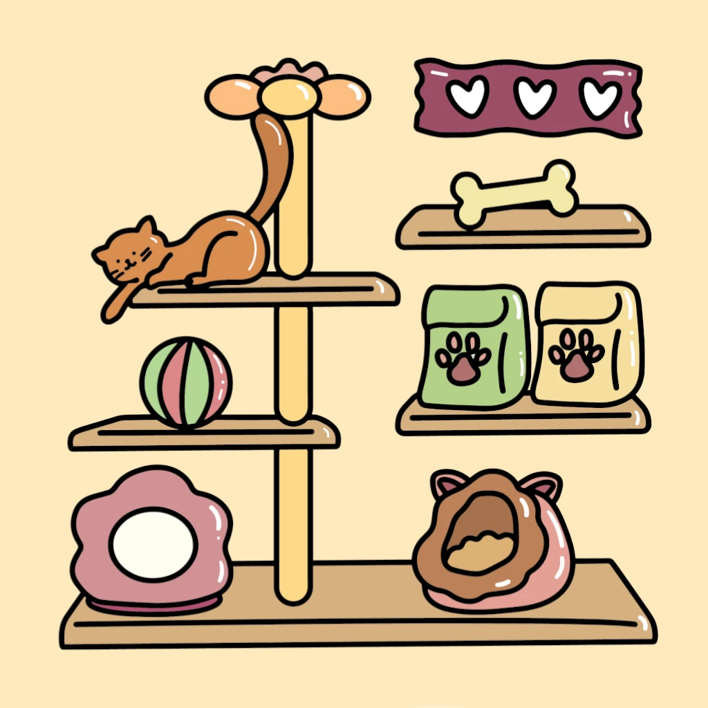 Cat Tree with Ball Bone Petfood and Cat Cave 🐱🐈🐾🦴 Coloring Page