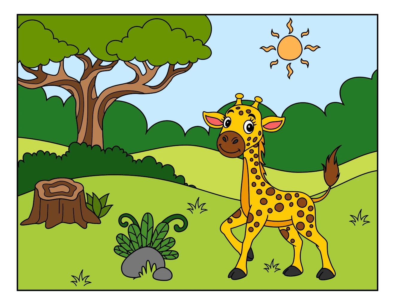 Giraffe Walking in Landscape with Tree on a Sunny Day 🦒🌳🌞🌾 Coloring Page