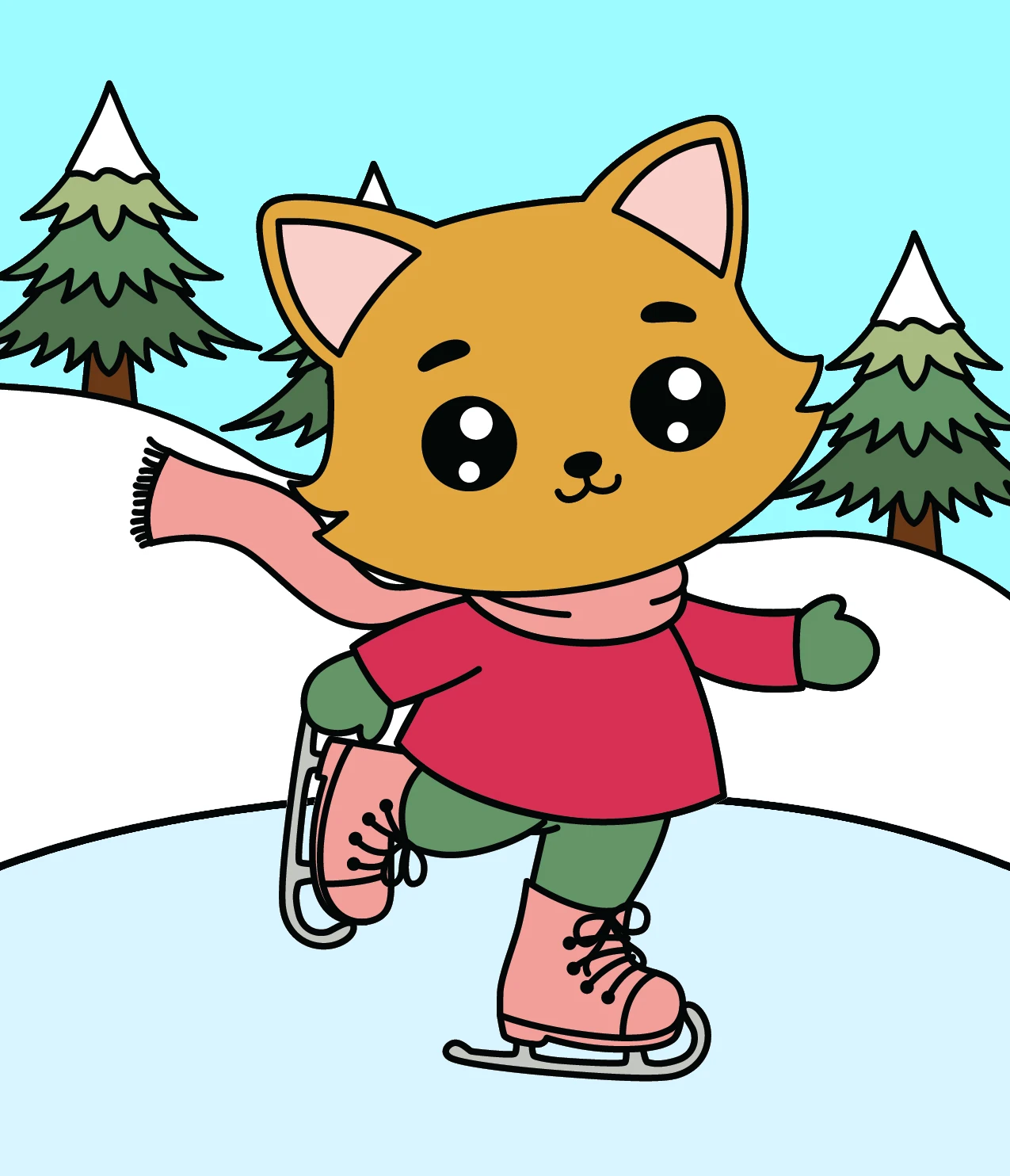 Cat Girl Iceskating in Winter Landscape ⛸️❄️🐱 Coloring Page